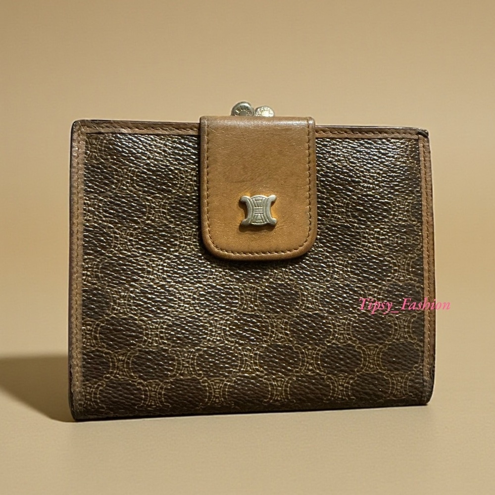 Vintage Celine Macadam Kisslock Compact Wallet Brown Monogram Canvas